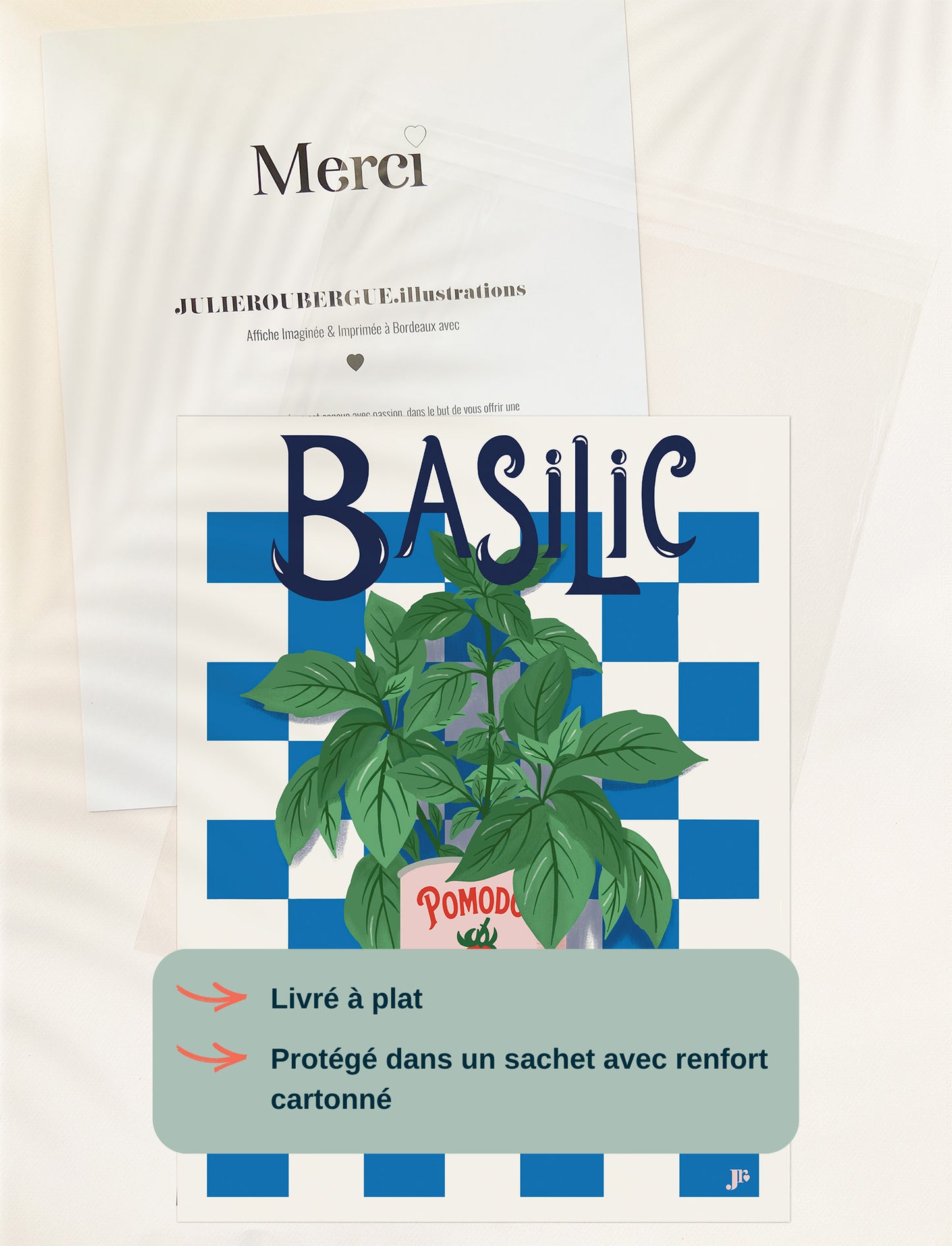 Affiche Basil Bloom 30x40 cm livrée à plat sous blister avec fond cartonné, emballage soigné pour protection.