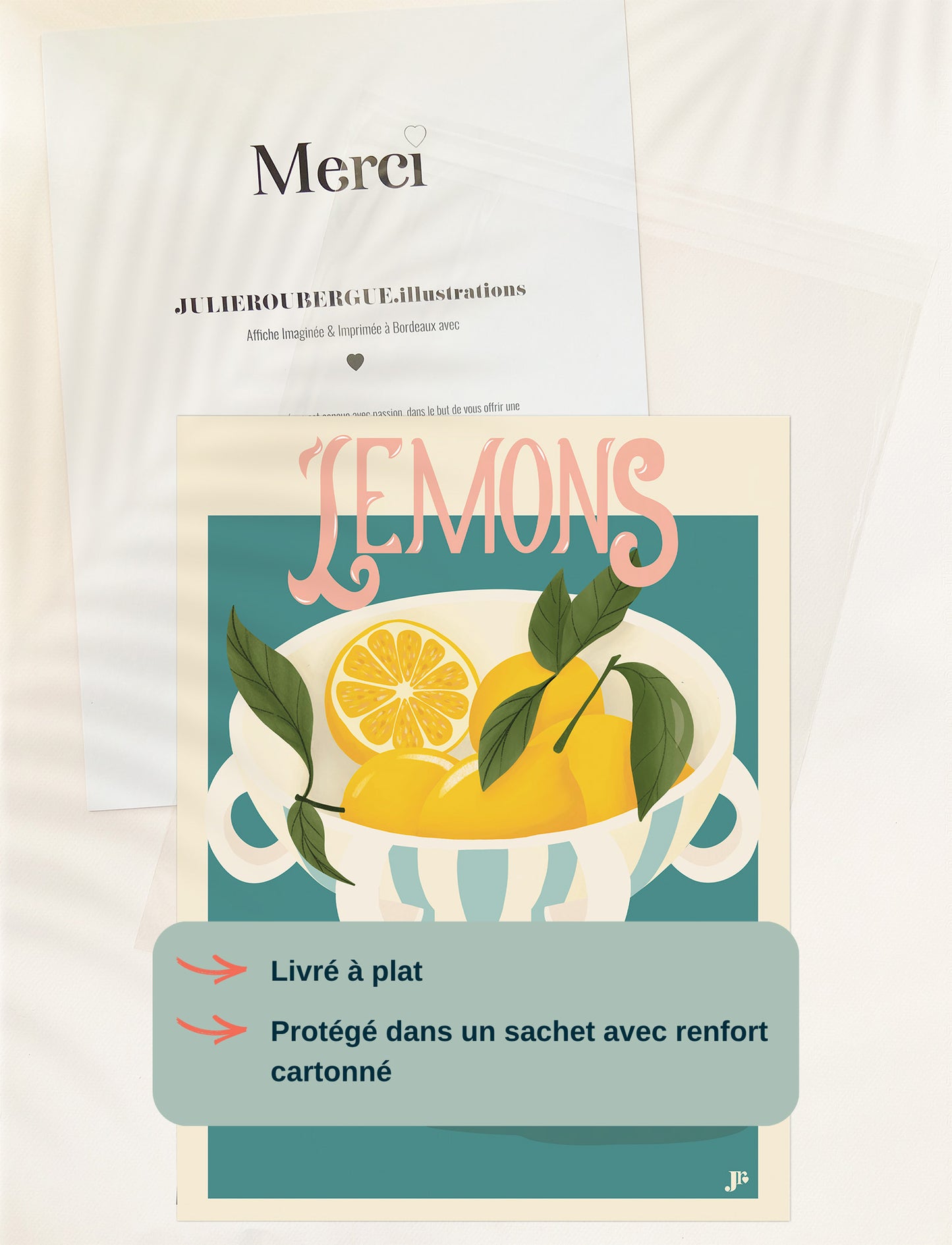Affiche Lemons Bloom 30x40 cm livrée à plat sous blister avec fond cartonné, emballage soigné pour protéger l’illustration.