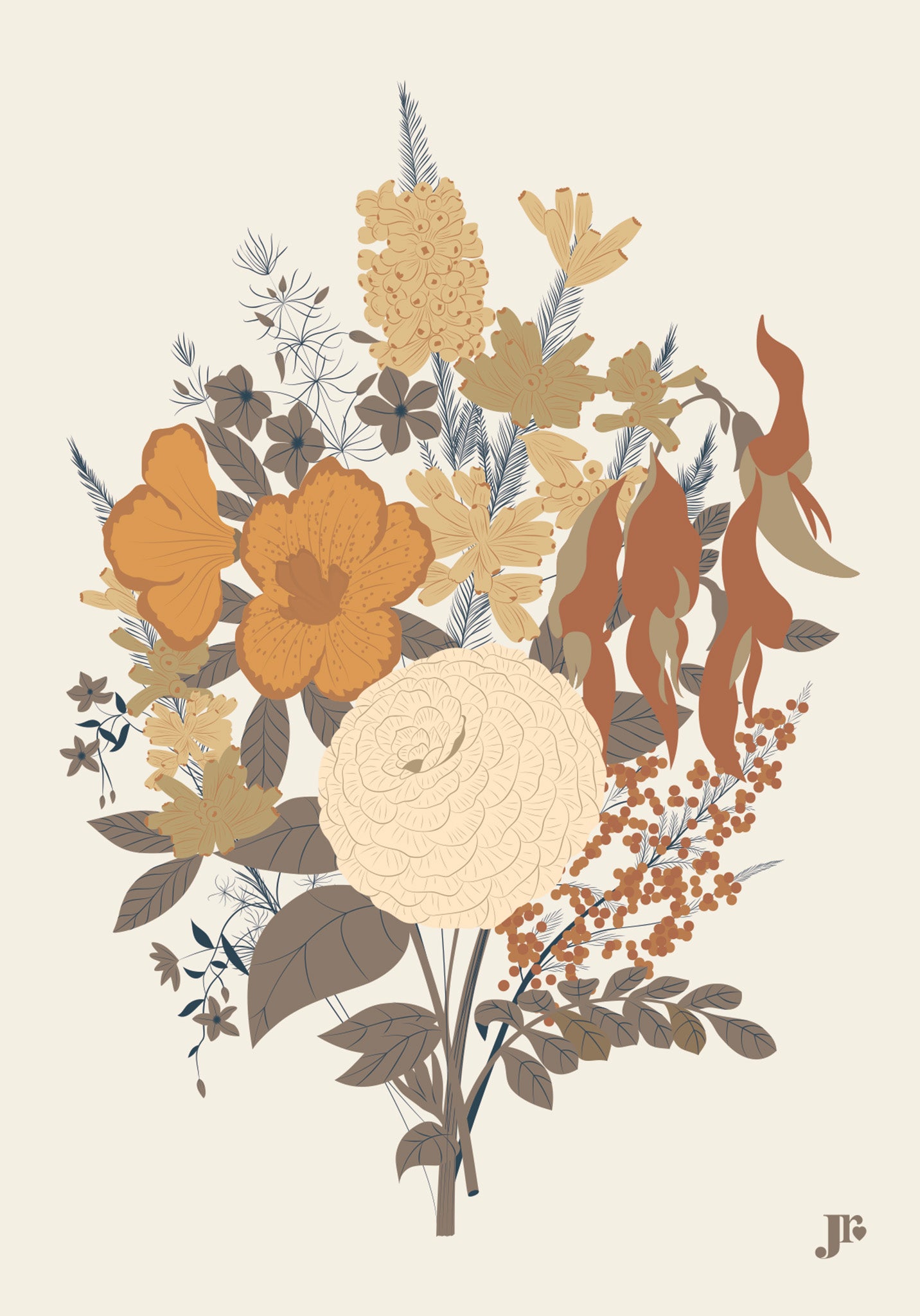 Illustration seule de la carte postale Bouquet d’Automne – Floraison Tardive, fleurs stylisées aux couleurs automnales.