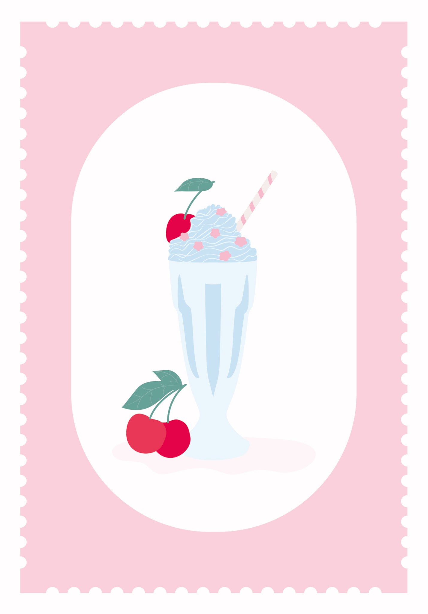 Carte postale L’Été, La Glace – illustration d’un verre à milkshake bleu pastel avec chantilly, cerise, paille rayée et cerises rouges sur fond rose.