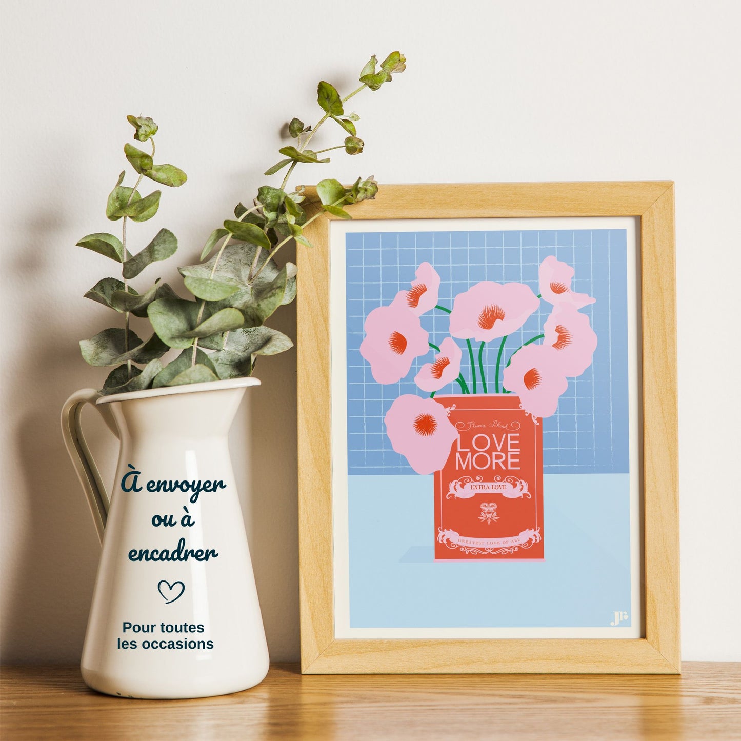Carte postale encadrée bouquet floral rose décoration colorée