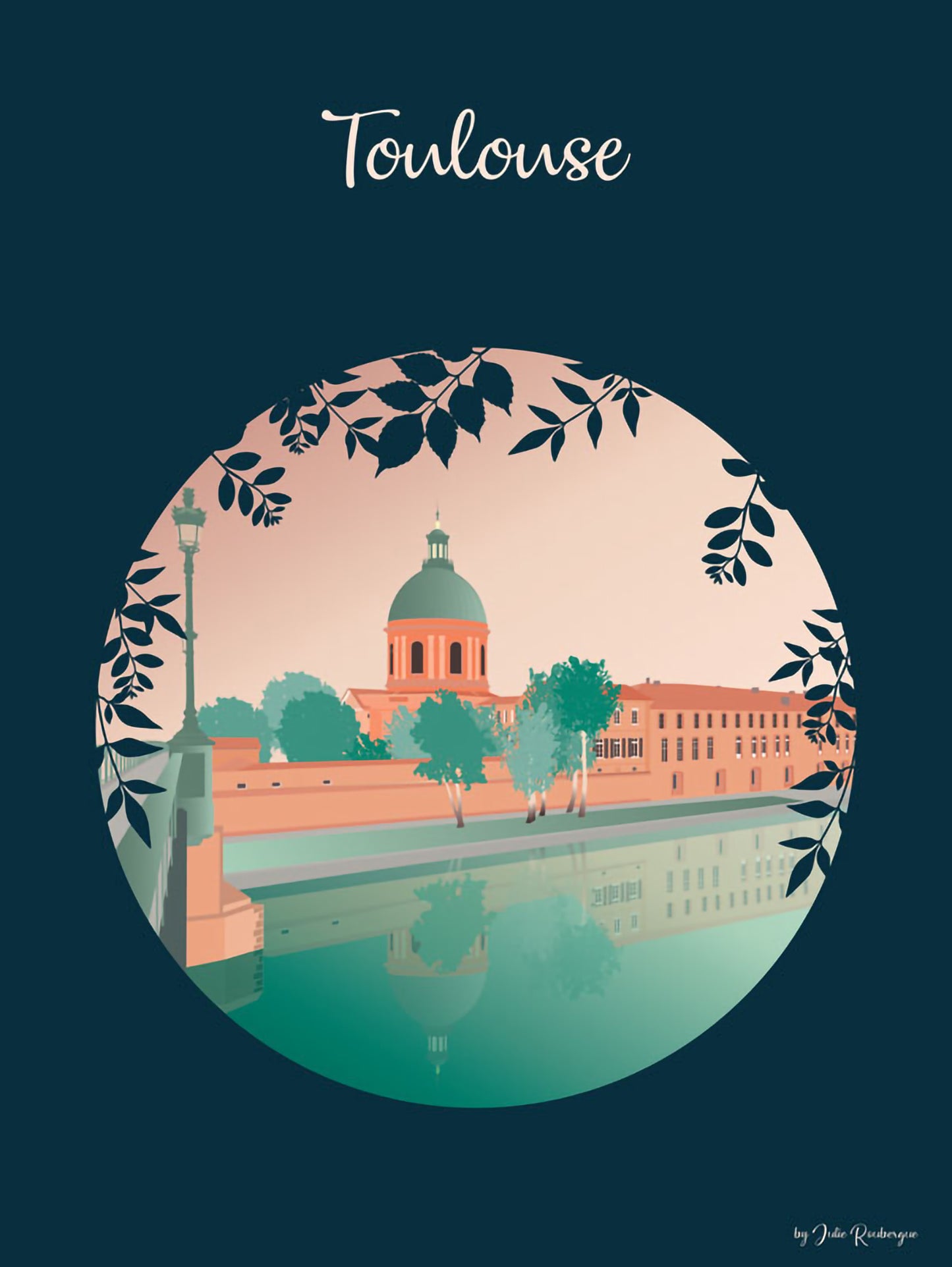 Carte postale Toulouse - La Chapelle de la Grave, illustration graphique et poétique des bords de Garonne dans des tons pastel, sur fond bleu foncé.