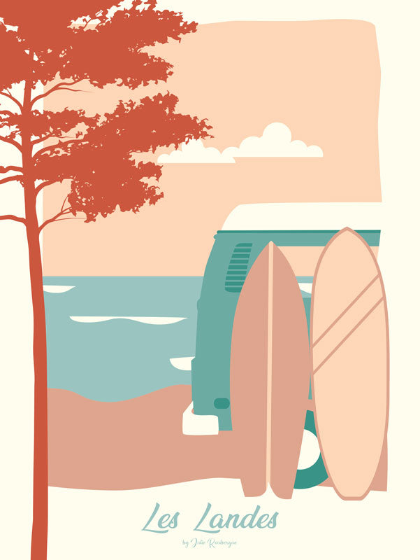 Affiche Les Landes – Les Surfs, version pastel aux teintes douces et ambiance vintage.