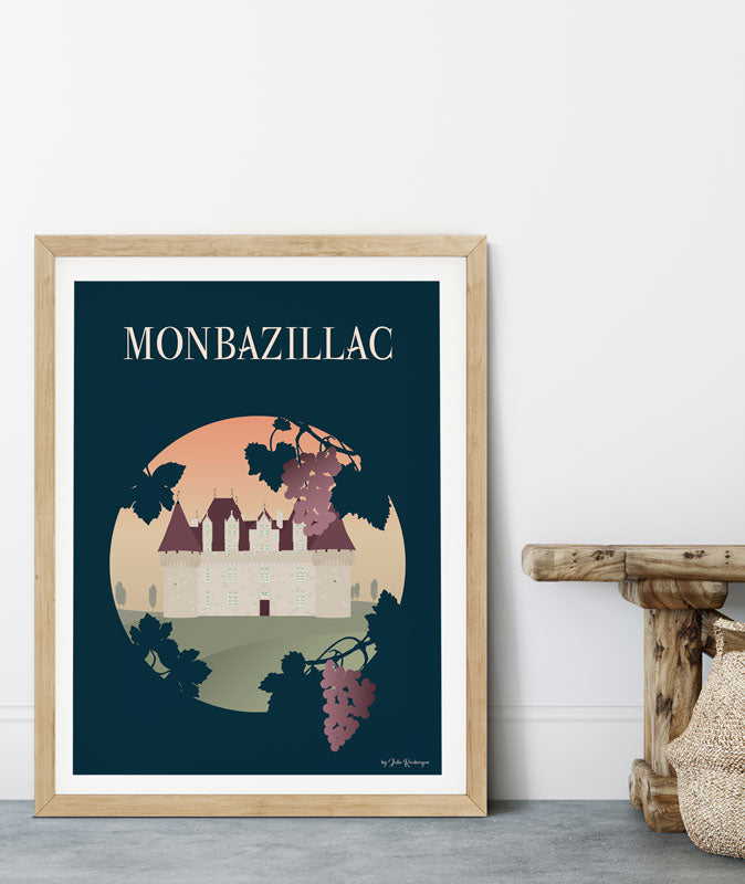 Affiche déco du château de Monbazillac mise en scène dans un intérieur chaleureux, ambiance viticole.