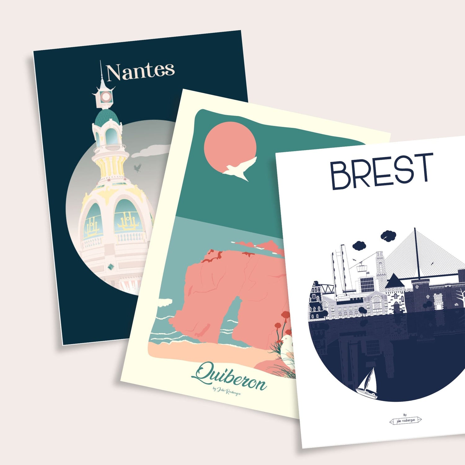 Cartes postales Bretagne mer et phares illustration Julie Roubergue