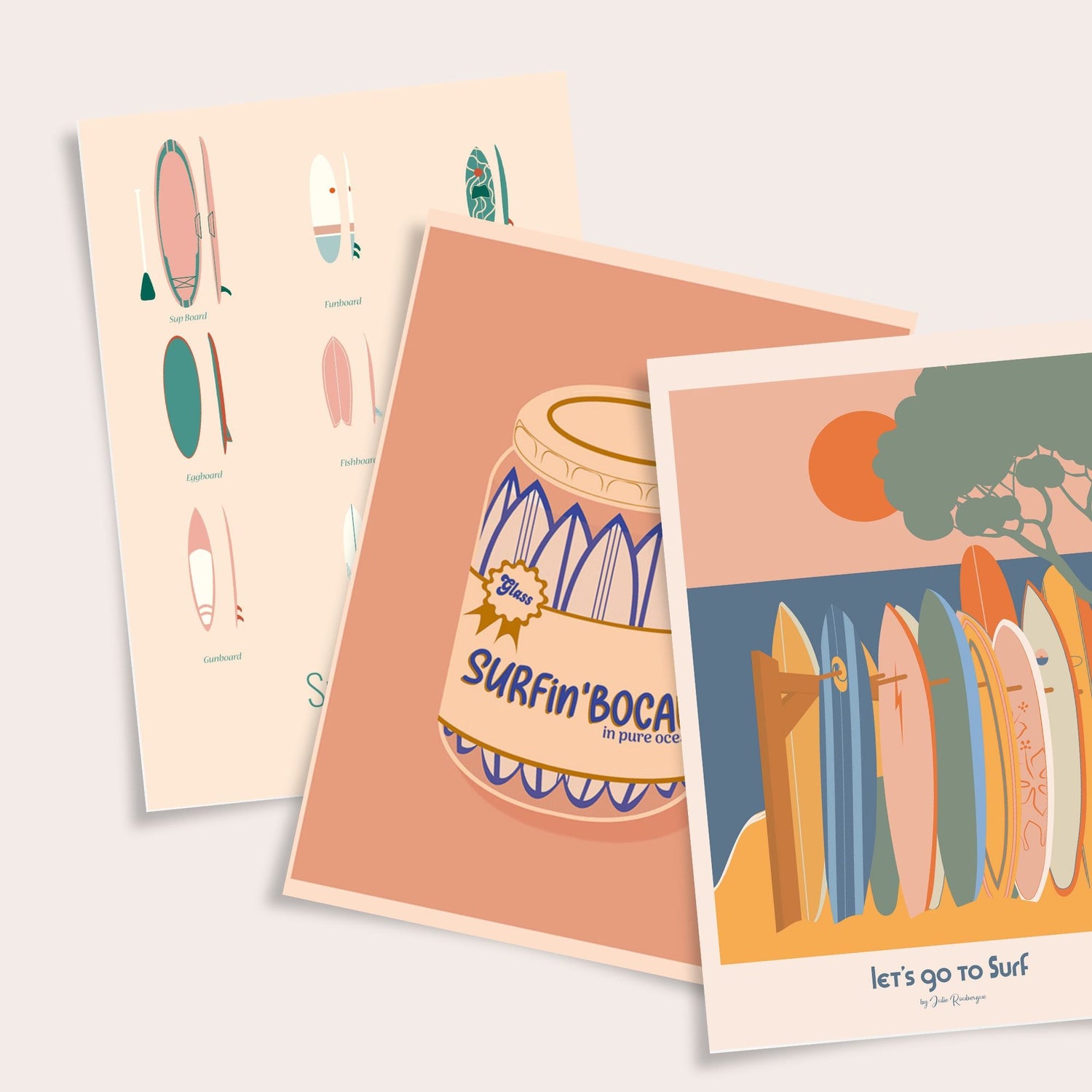 Cartes postales surf et océan illustration Julie Roubergue