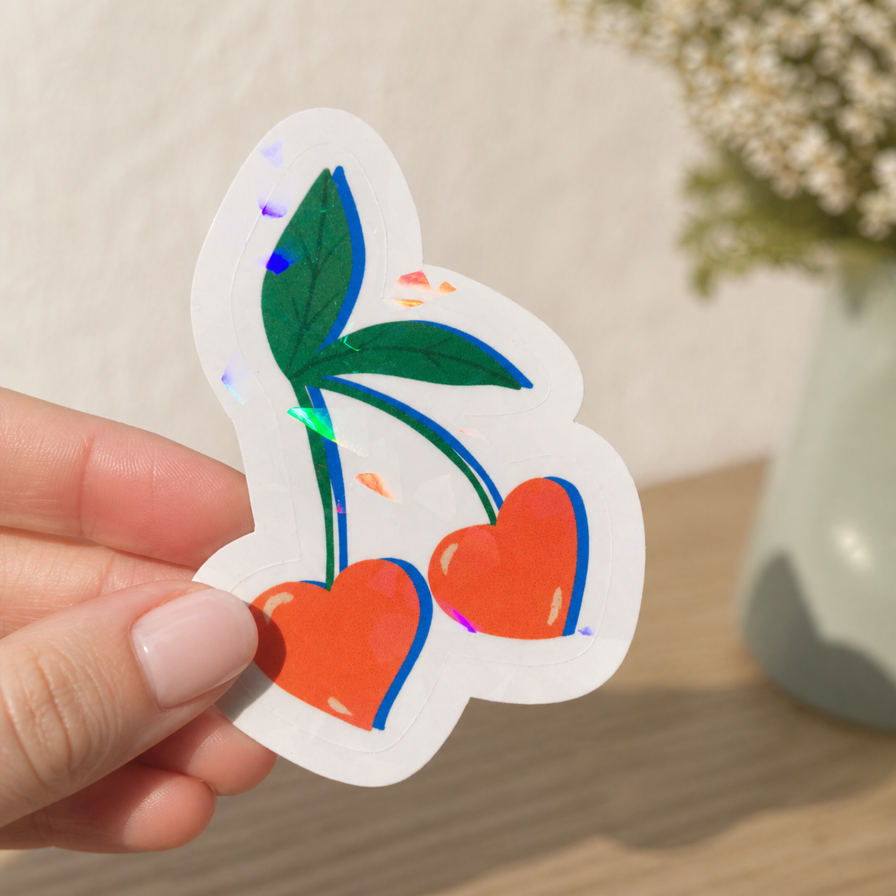 sticker cerises coeurs rouges