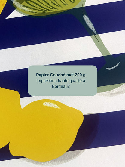Gros plan sur l’affiche Apéritivo montrant les citrons, les rayures bleu marine et la qualité d’impression sur papier couché mat 200 g.