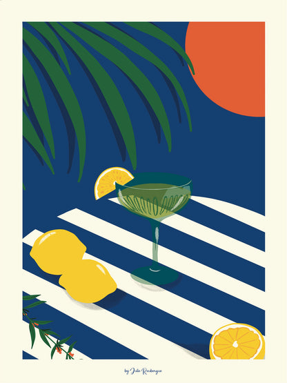 Affiche Apéritivo 30x40 cm avec citrons, verre à cocktail vert, feuillage tropical et rayures bleu sur fond marine, dessin original de Julie Roubergue.