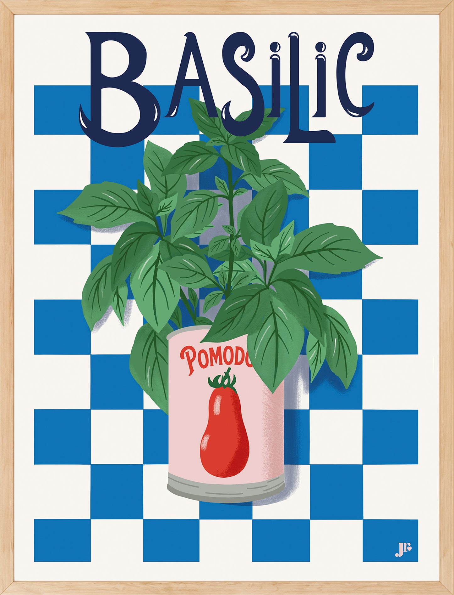 Affiche Basil Bloom encadrée en bois clair, illustration basilic décorative de Julie Roubergue.