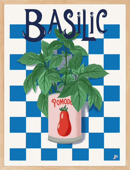 Affiche Basil Bloom encadrée en bois clair, illustration basilic décorative de Julie Roubergue.