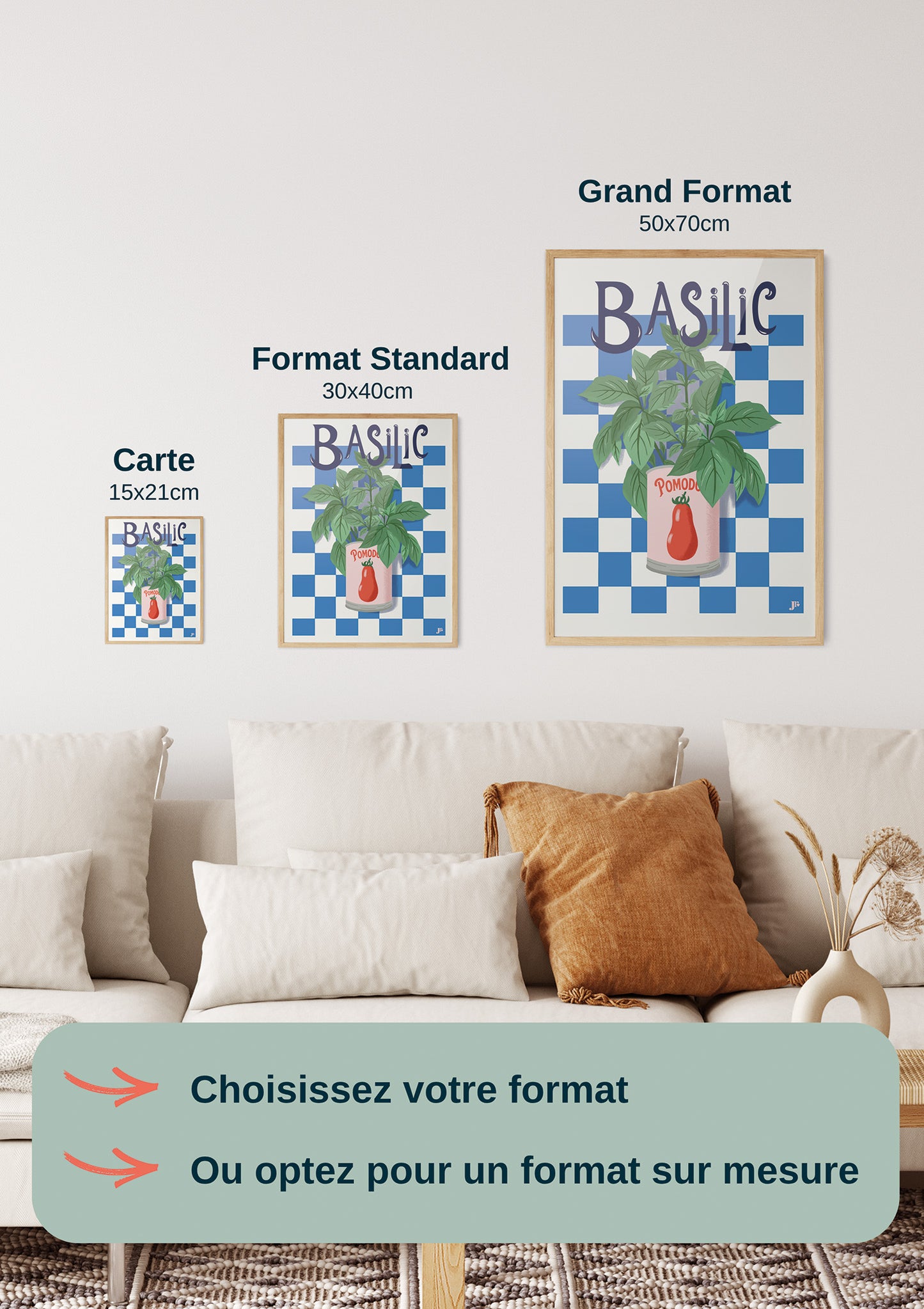 Comparatif des formats de l’affiche Basil Bloom montrant le format 15x21 cm, 30x40 cm  et 50x70 cm en situation dans un intérieur.
