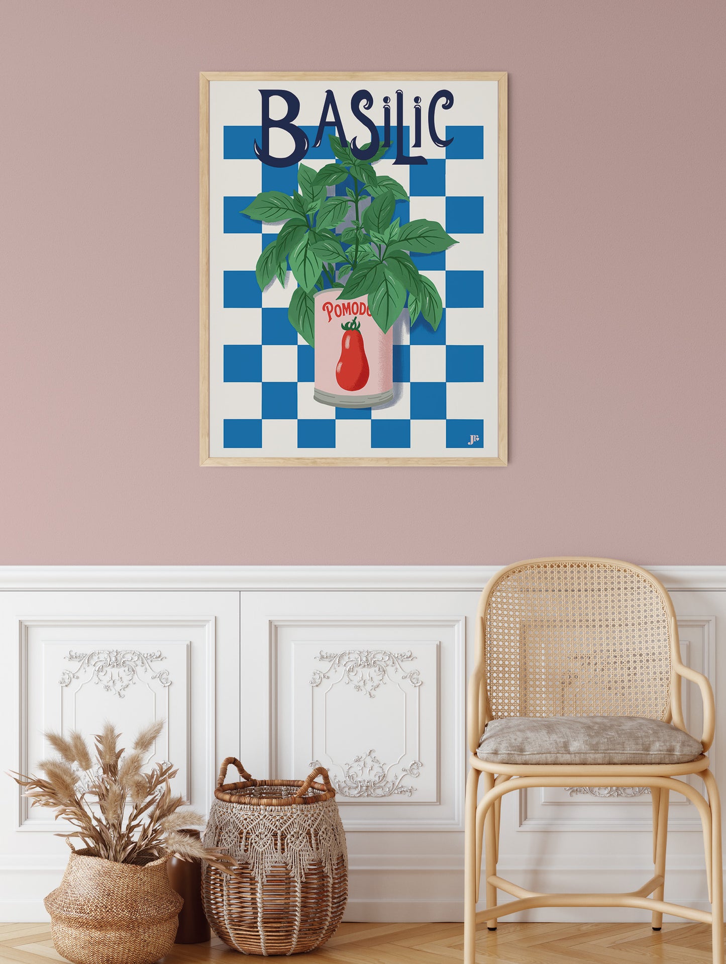 Affiche Basil Bloom accrochée sur un mur colorée dans une ambiance déco douce.