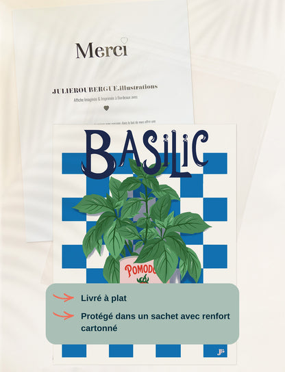 Affiche Basil Bloom 30x40 cm livrée à plat sous blister avec fond cartonné, emballage soigné pour protection.