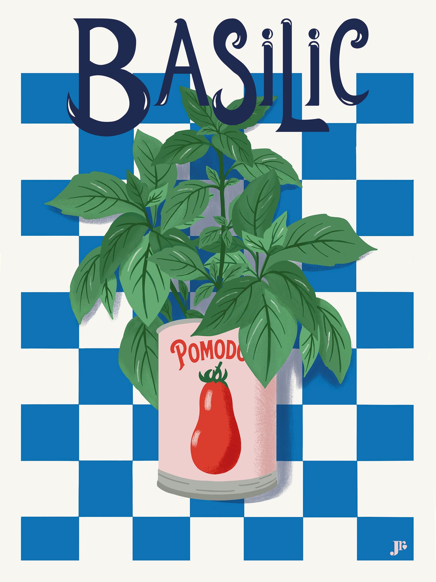 Affiche Basil Bloom 30x40 cm avec plant de basilic dans une boîte illustrée sur fond damier bleu et blanc, illustration cuisine Julie Roubergue.