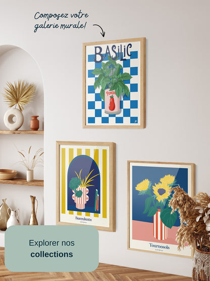 Affiche Basil Bloom intégrée dans une galerie murale d’illustrations botaniques, décoration chaleureuse et coloré