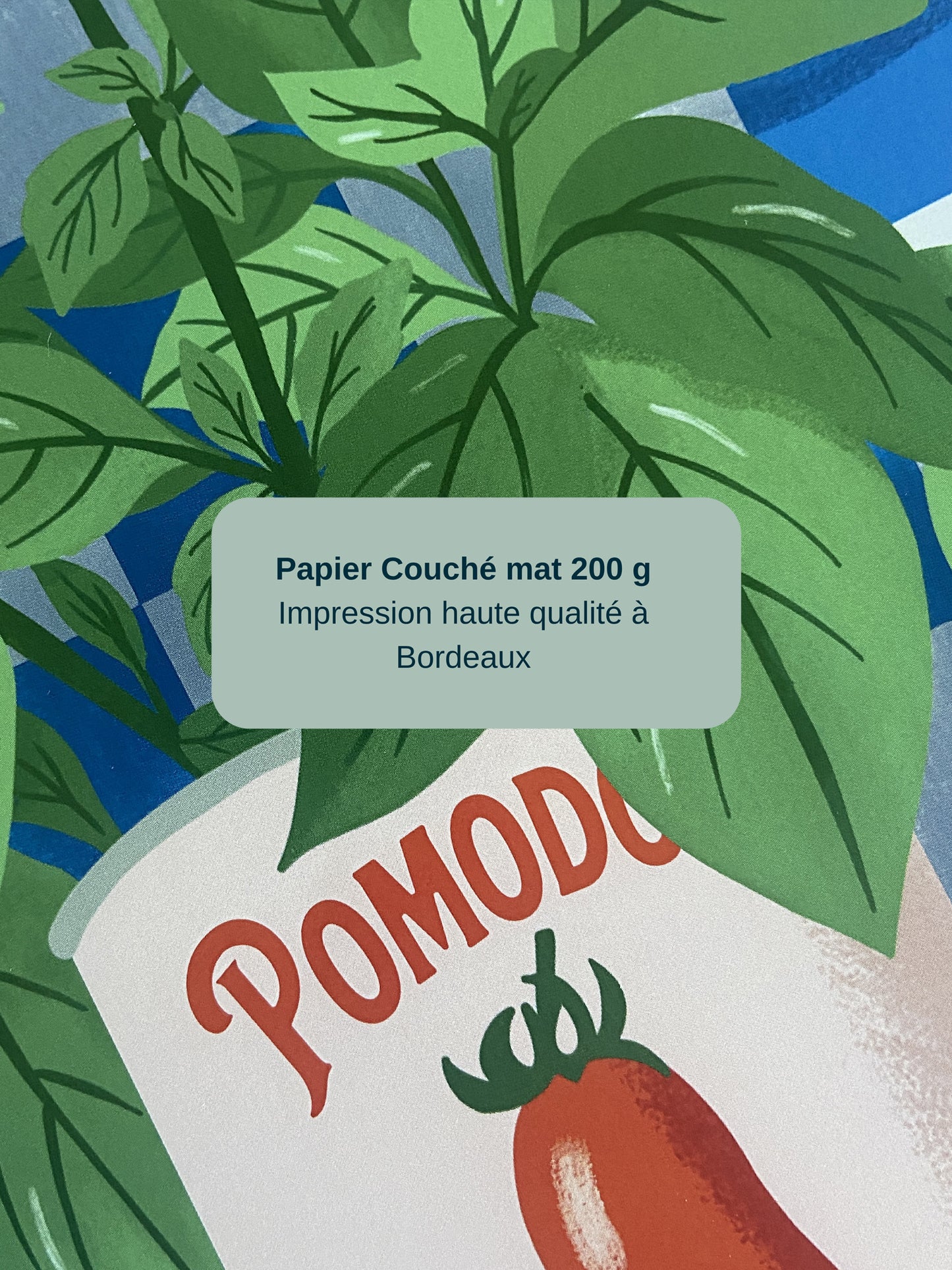 Détail de l’affiche Basil Bloom mettant en avant les feuilles de basilic et la qualité d’impression sur papier mat.