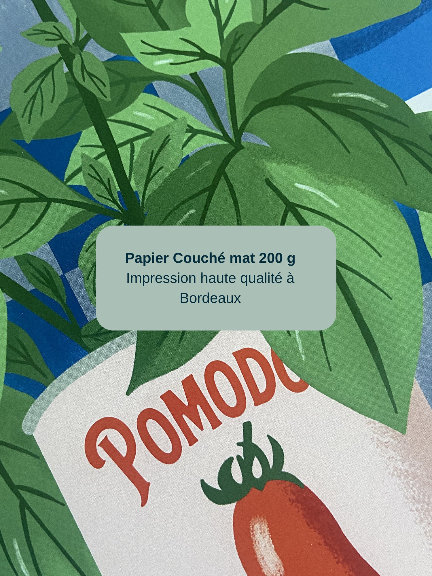 Détail de l’affiche Basil Bloom mettant en avant les feuilles de basilic et la qualité d’impression sur papier mat.