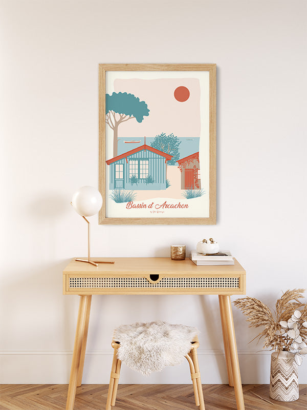 Affiche illustrée intitulée BASSIN D'ARCACHON, L'Herbe par Julie Roubergue. L'affiche est dans des tons pastels.