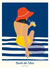 Affiche Bord de Mer – Pause Rafraîchissante : illustration d'une femme en maillot jaune sirotant une citronnade sur une serviette rayée bleu marine et blanc.