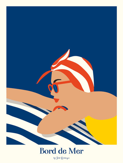 Illustration rétro d’une femme sur une serviette rayée, lunettes rouges et bras tendu, ambiance graphique estivale bord de mer.
