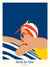 Illustration rétro d’une femme sur une serviette rayée, lunettes rouges et bras tendu, ambiance graphique estivale bord de mer.