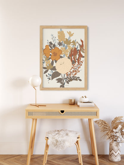  L'affiche "Bouquet d’Automne – Floraison Tardive" accrochée au-dessus d’une console en bois clair dans un salon cosy.