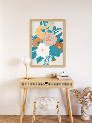 Affiche hivernale accrochée dans une entrée avec des éléments boisés et des textiles doux.