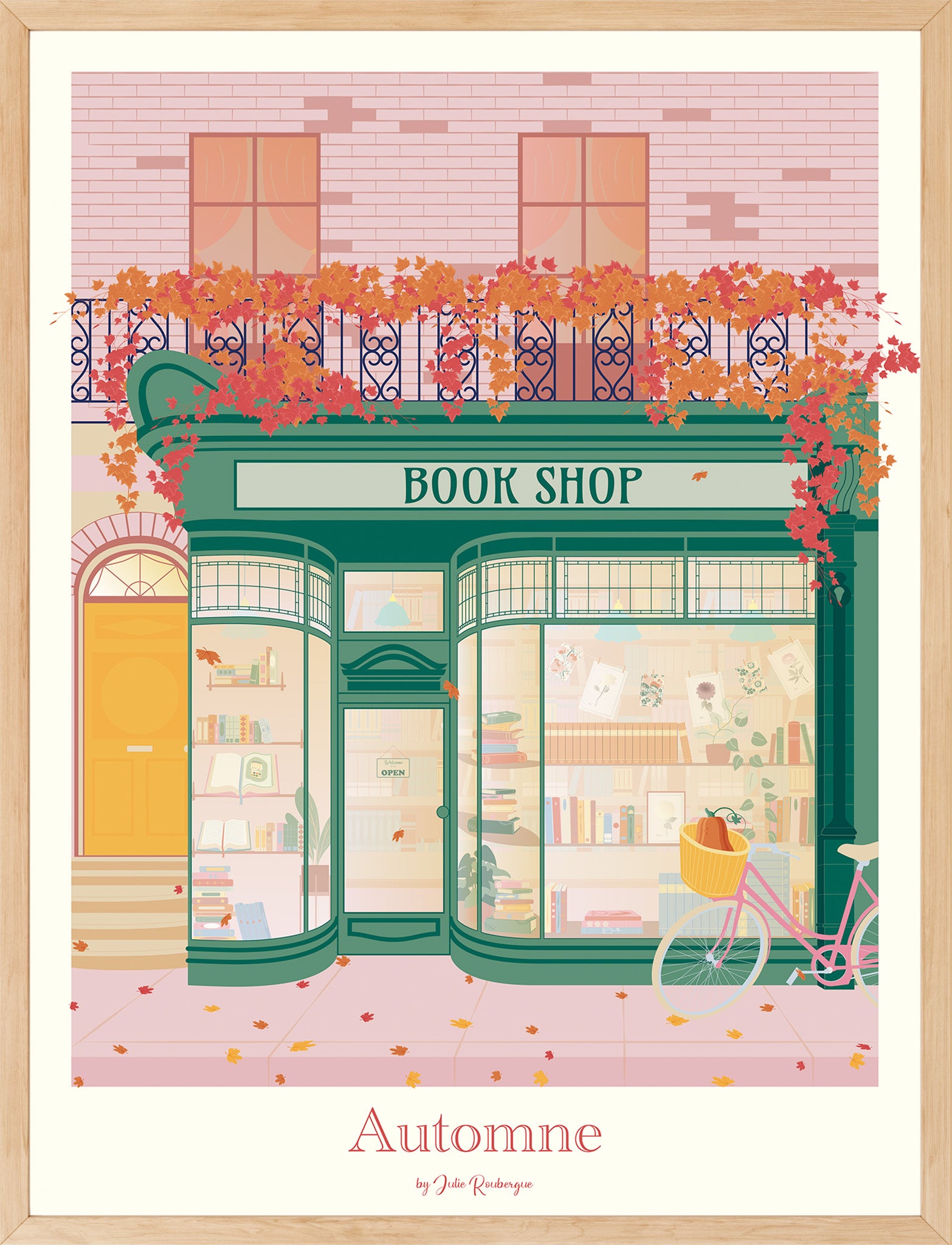 Affiche encadrée "Boutique Littéraire – Automne en Ville" représentant une librairie fleurie en automne, tons chauds et ambiance cosy.