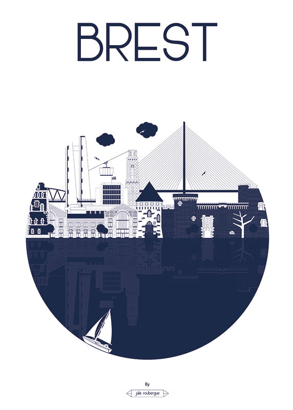 Affiche illustrée de Brest en bleu marine – vue graphique de la ville avec port, château et ponts.