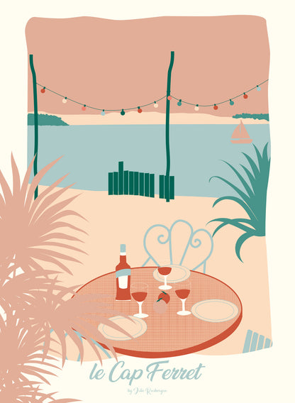 Affiche déco Cap Ferret – La Cabane, version pastel, sans cadre, esprit doux et lumineux.