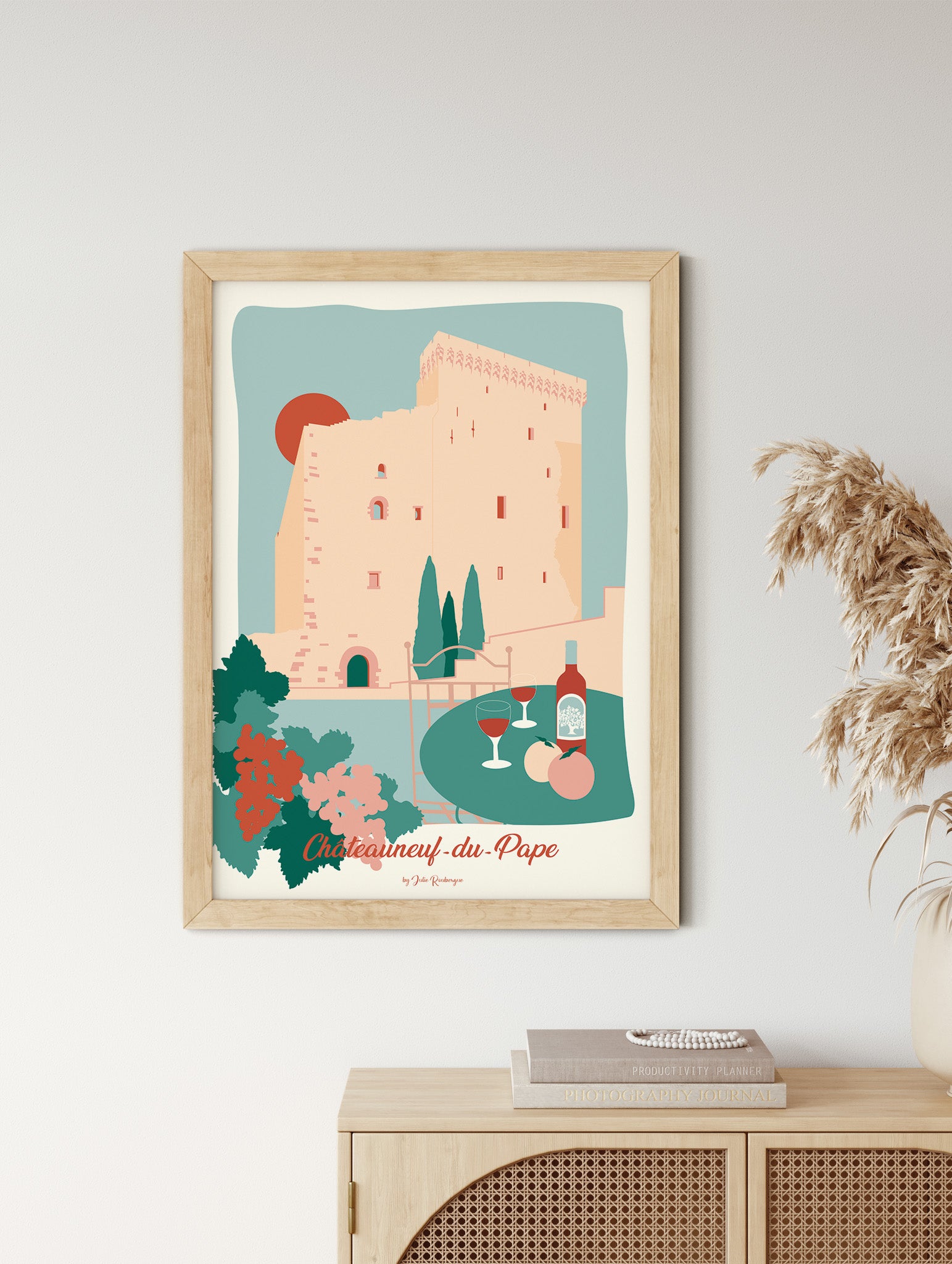 Affiche murale du château de Châteauneuf-du-Pape dans un intérieur, ambiance vin, terroir et sud de la France.