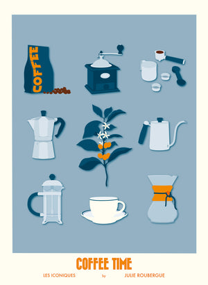 Illustration graphique d’objets liés au café sur fond bleu, affiche "Coffee Time – Les Iconiques", version bleue.