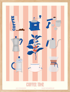 Affiche "Coffee Time – Les Iconiques" en version incarnadin, encadrée en bois naturel.