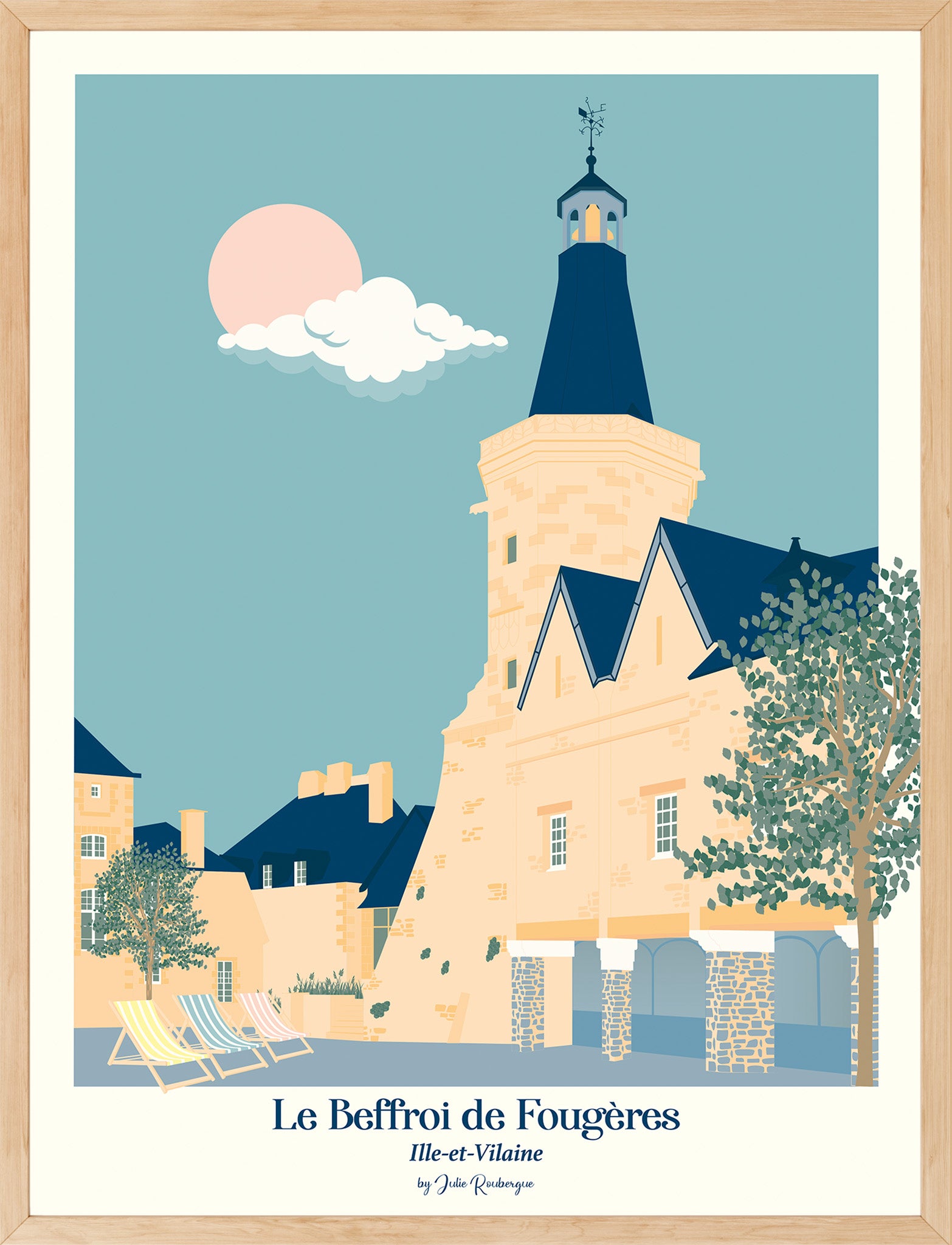 Affiche encadrée du Beffroi de Fougères, format 30x40 cm, mise en valeur dans un cadre décoratif pour intérieur élégant.