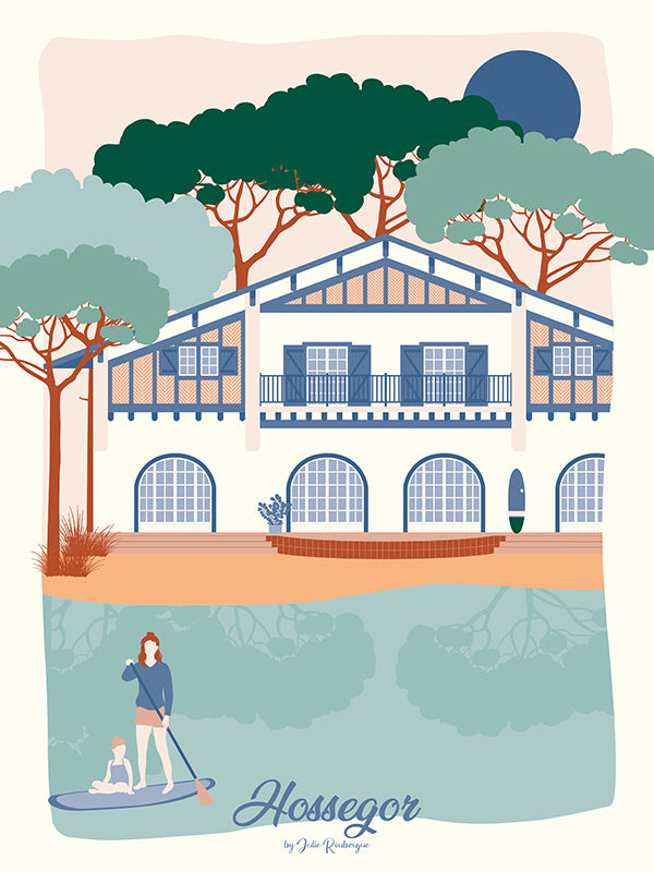 Illustration d'Hossegor - Le Lac, affiche décorative aux couleurs douces, idéale pour une déco bord de mer et un intérieur apaisant.