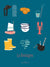 Affiche La Bretagne – Les Iconiques, fond bleu canard, objets bretons illustrés avec style et humour.