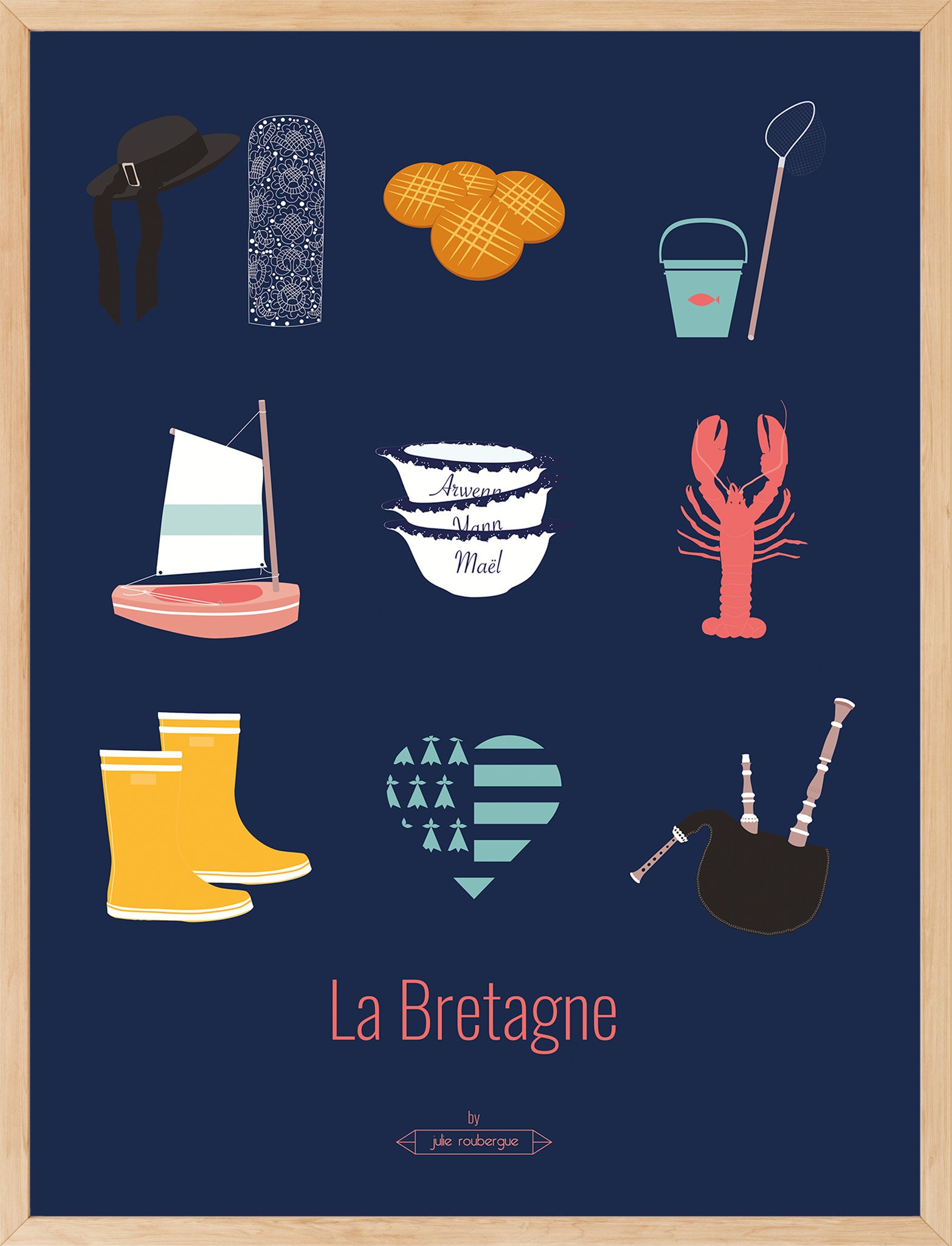 Affiche encadrée La Bretagne – Les Iconiques, fond marine, impression premium, idéale pour un intérieur breton chic.