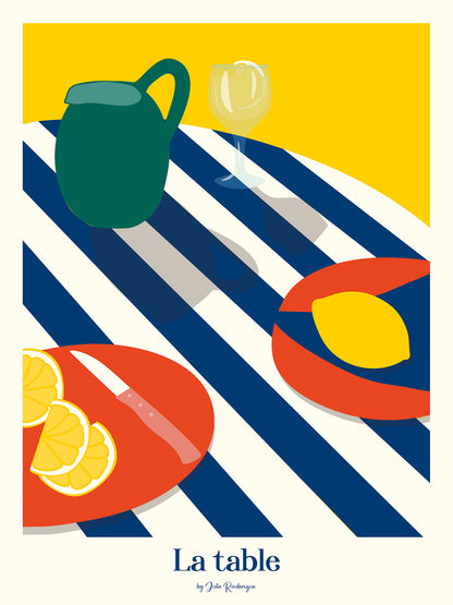 Illustration graphique d’une table d’été avec citrons, nappe rayée et verre de boisson fraîche. Affiche solaire et culinaire.