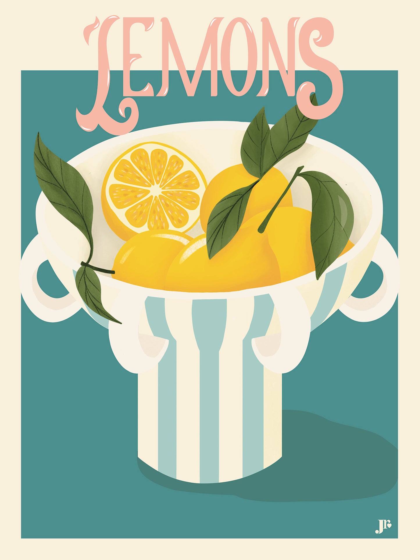 Affiche Lemons Bloom, citrons jaunes dans une coupe rayée, feuillage vert et fond vert d’eau, illustration originale signée Julie Roubergue.