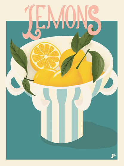 Affiche Lemons Bloom, citrons jaunes dans une coupe rayée, feuillage vert et fond vert d’eau, illustration originale signée Julie Roubergue.