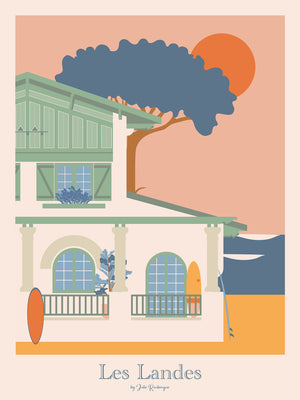  Illustration vintage des Landes, affiche décorative bord de mer aux couleurs rétro inspirée de l’architecture basco-landaise.