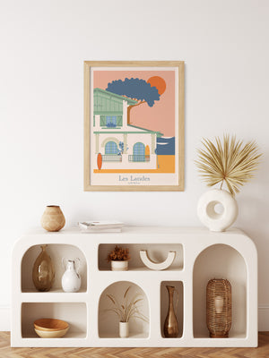 Affiche murale des Landes en décoration intérieure, ambiance bord de mer et vintage avec des tons doux et apaisants.