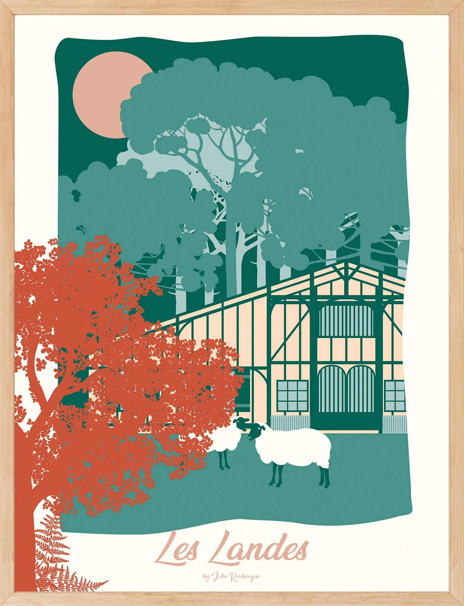 Affiche Les Landes – La Forêt encadrée, format 30x40 ou 50x70 cm, idéale pour une déco nature et chaleureuse.