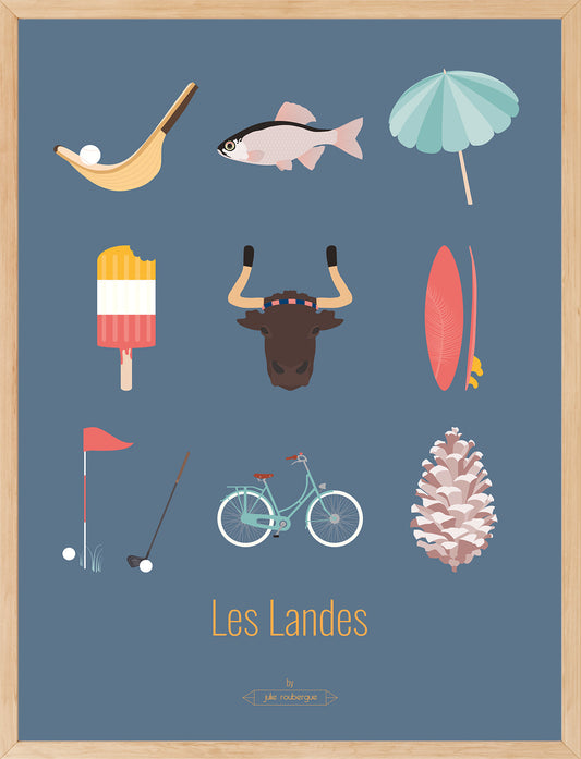 Affiche Les Landes – Les Iconiques fond bleu, encadrée en bois clair