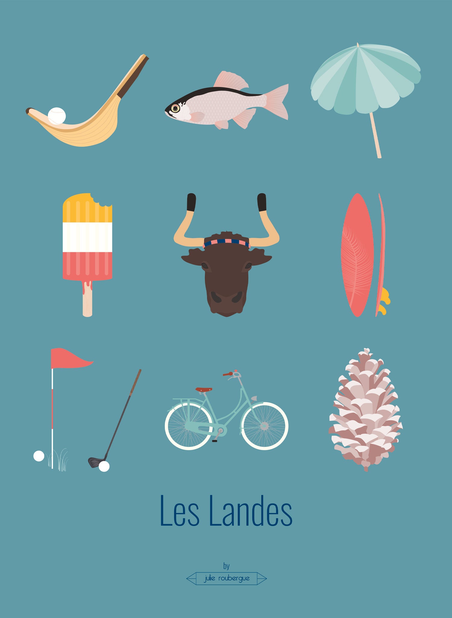 Affiche déco Les Landes – Les Iconiques , illustration graphique de 9 symboles landais sur fond turquoise.