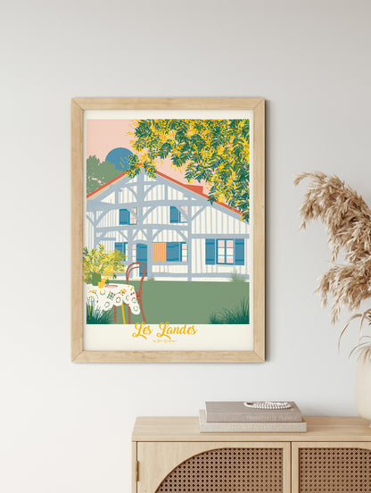  Affiche décorative d’une maison landaise et de mimosas en intérieur, idéale pour une déco campagne chic et bohème.