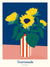 Illustration contemporaine d’un bouquet de tournesols dans un vase rayé rouge et blanc, style pop et solaire.