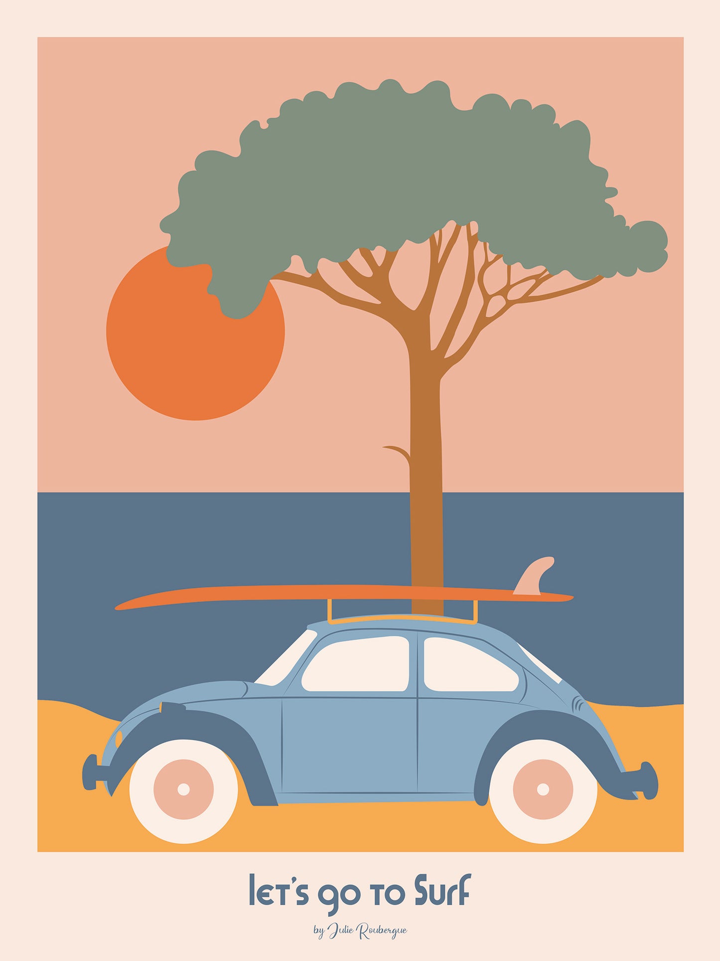  Illustration vintage Let's Go to Surf, affiche décorative avec une Beetle et une planche de surf en bord de mer, ambiance rétro et bohème.