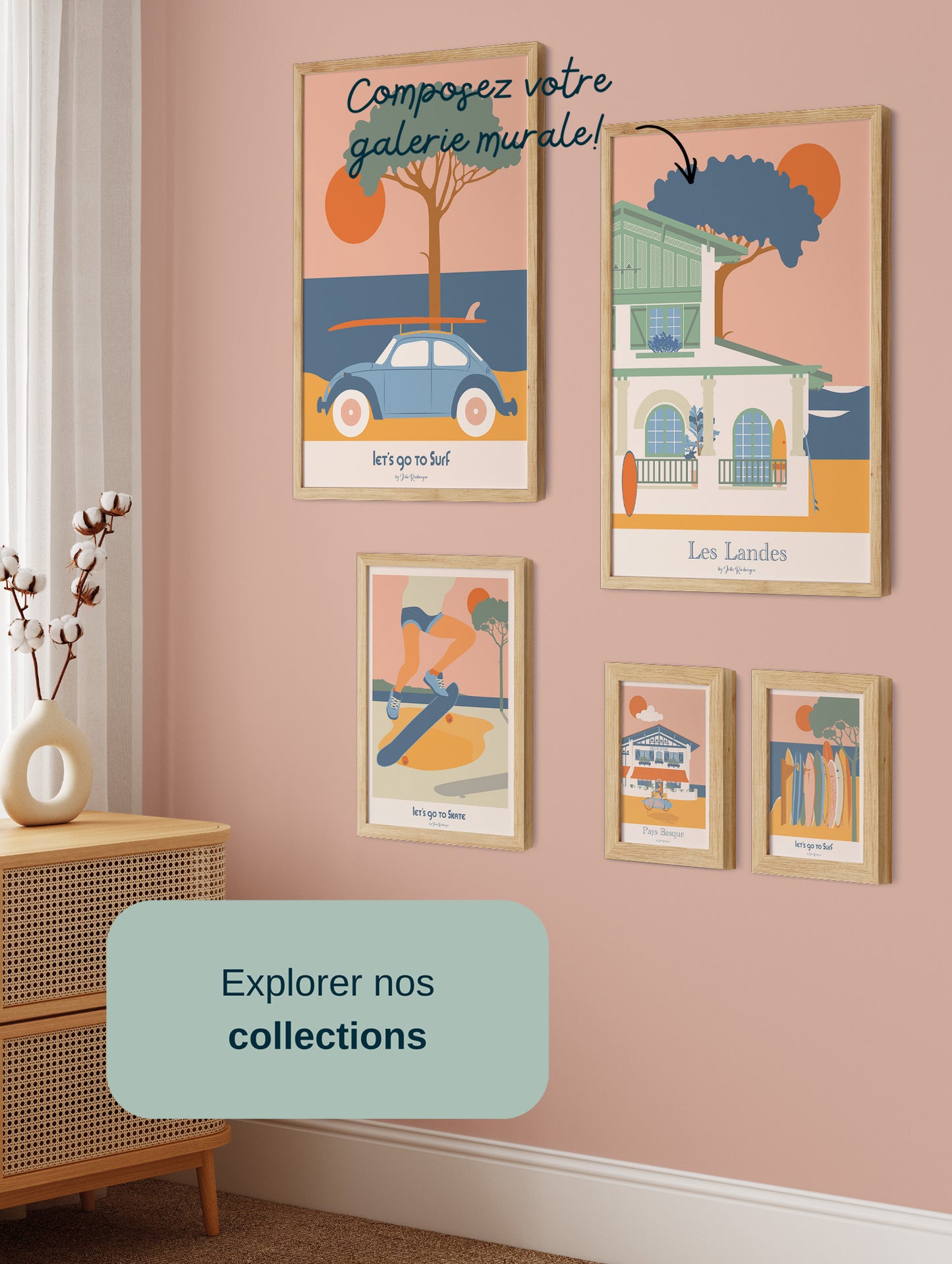 Composition murale avec affiche Let's Go to Surf et illustrations déco style bord de mer
